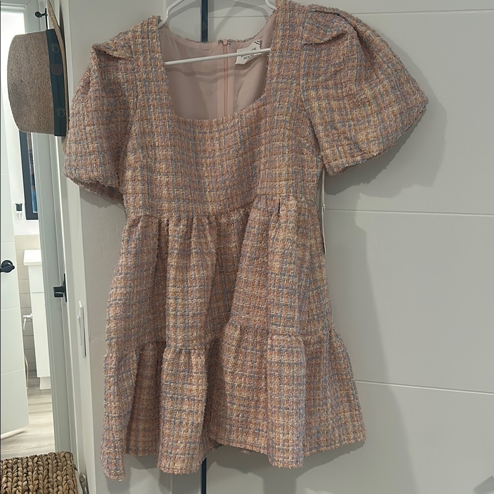 Tan and Pink Smocked Tiered Sundress with Puff Sleeves